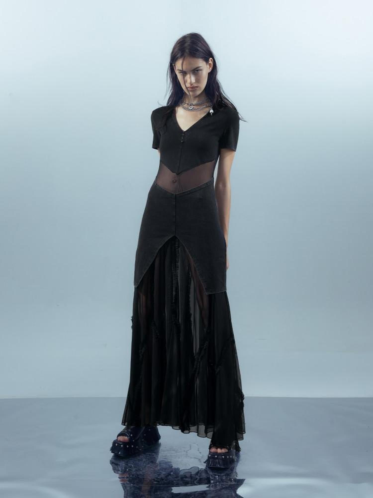 NORTH NODE Sheer Spliced V-neck Short Sleeve Women&
