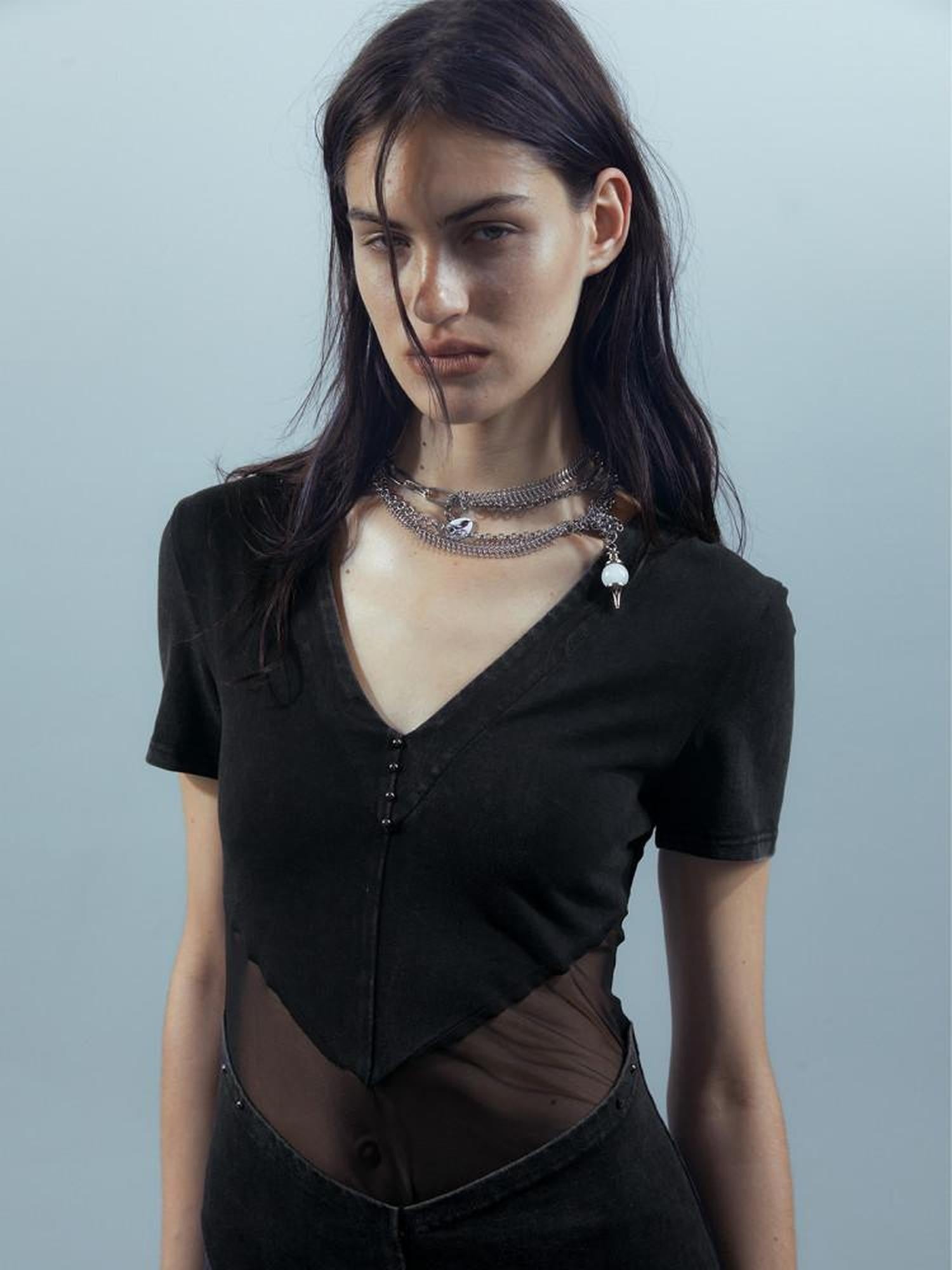 NORTH NODE Sheer Spliced V-neck Short Sleeve Women&