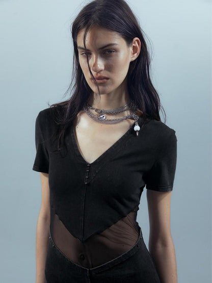 NORTH NODE Sheer Spliced V-neck Short Sleeve Women&