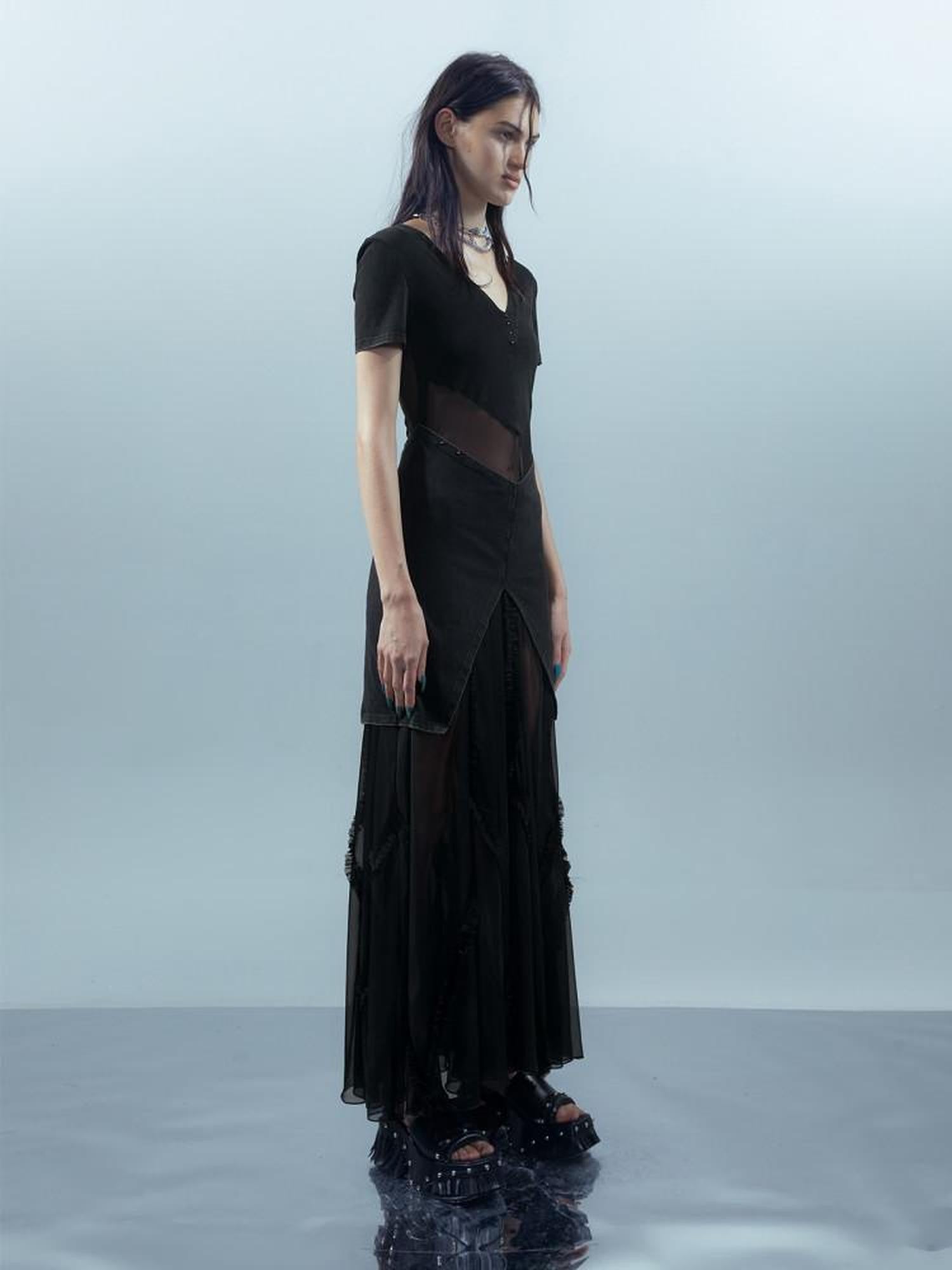 NORTH NODE Sheer Spliced V-neck Short Sleeve Women&
