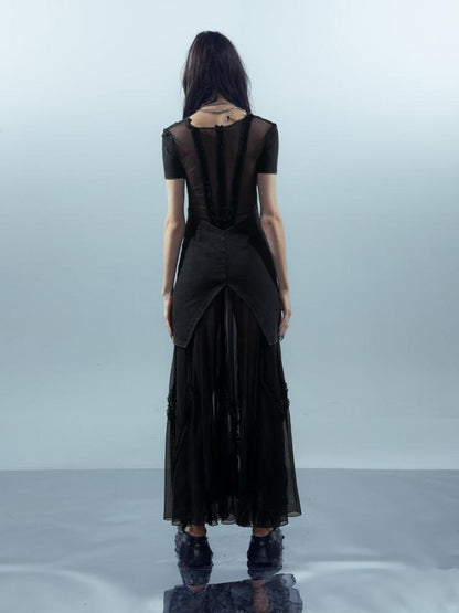 NORTH NODE Sheer Spliced V-neck Short Sleeve Women&
