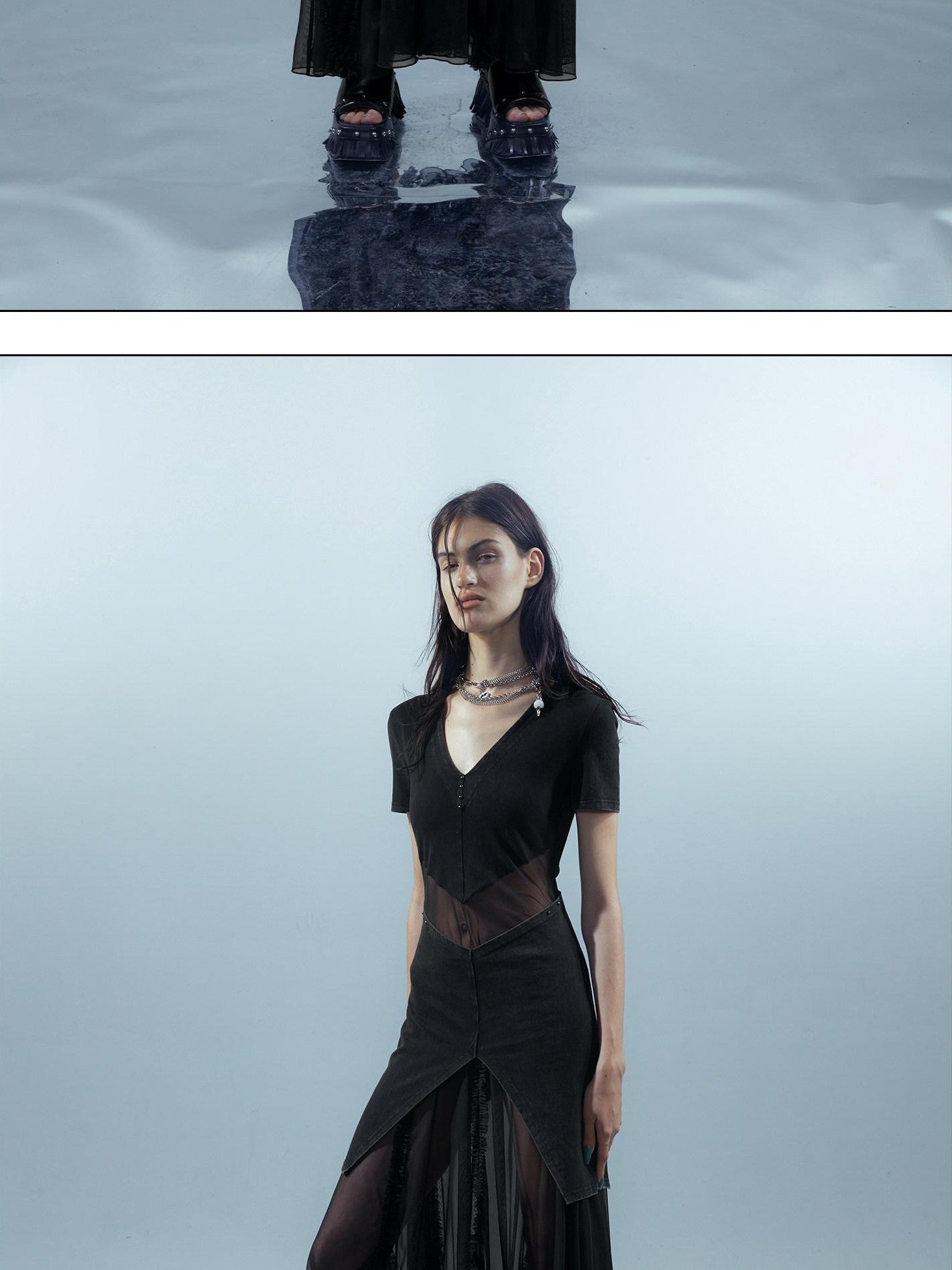 NORTH NODE Sheer Spliced V-neck Short Sleeve Women&