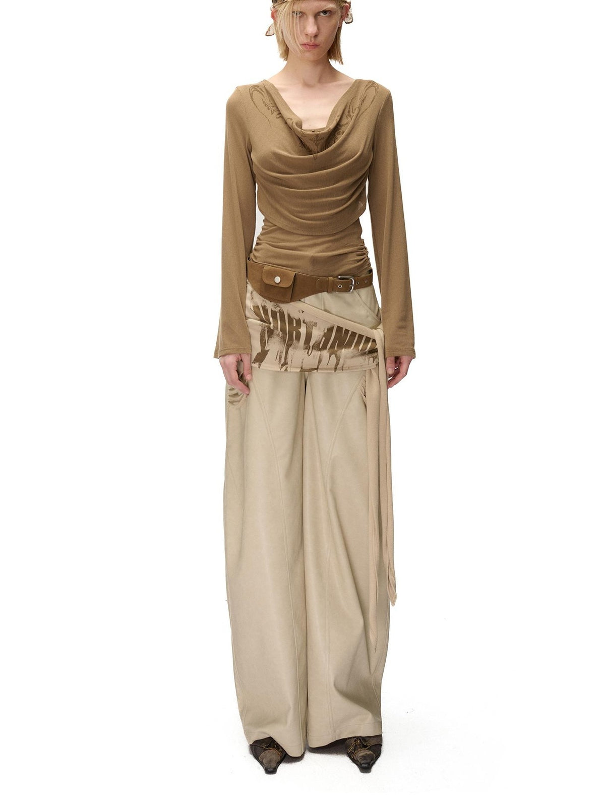 NORTH NODE Siren Print Fake Layer Draped Neck Women&
