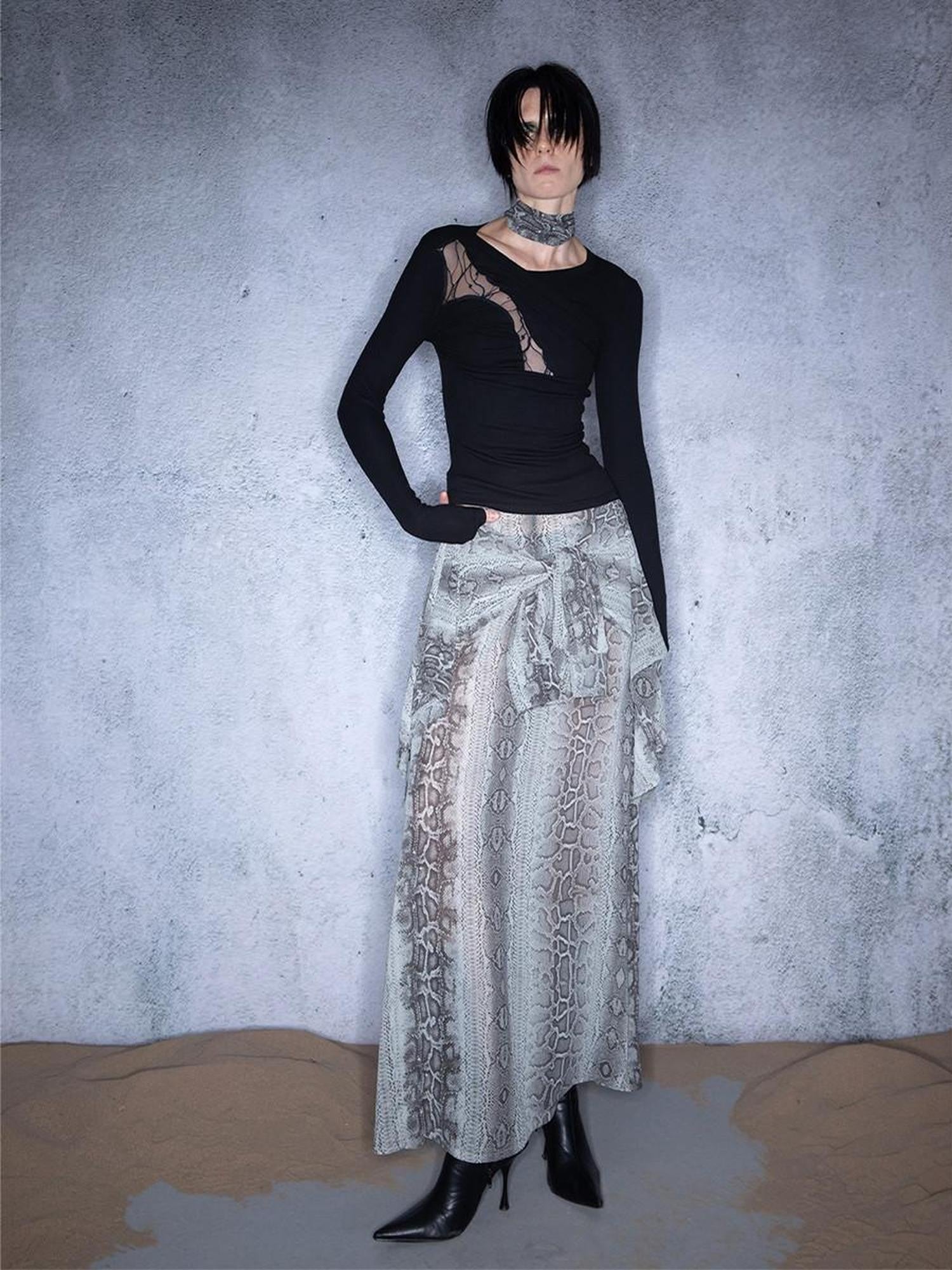 NORTH NODE Slanted Brushed Lace Patchwork Knit Women&
