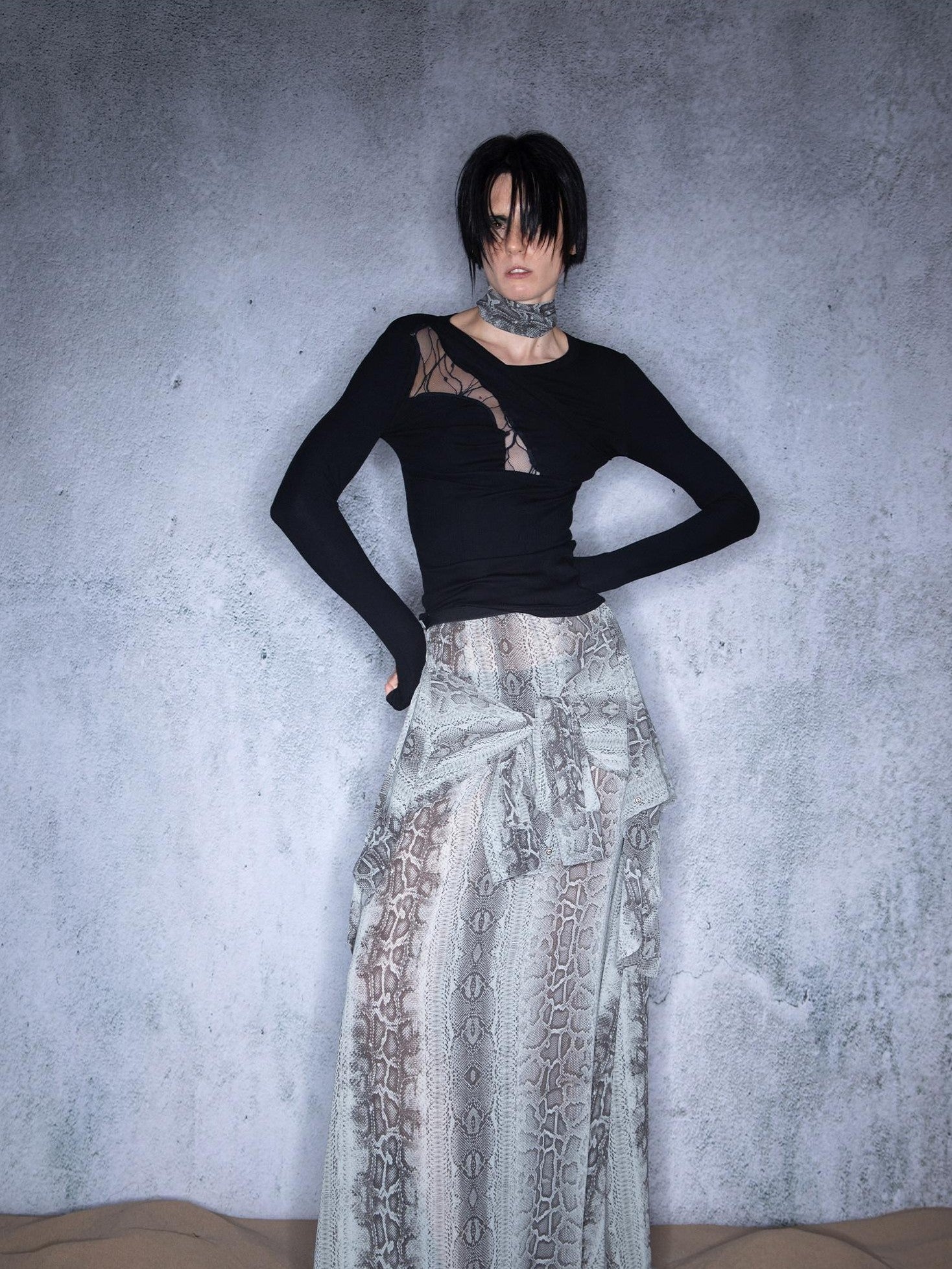 NORTH NODE Slanted Brushed Lace Patchwork Knit Women&