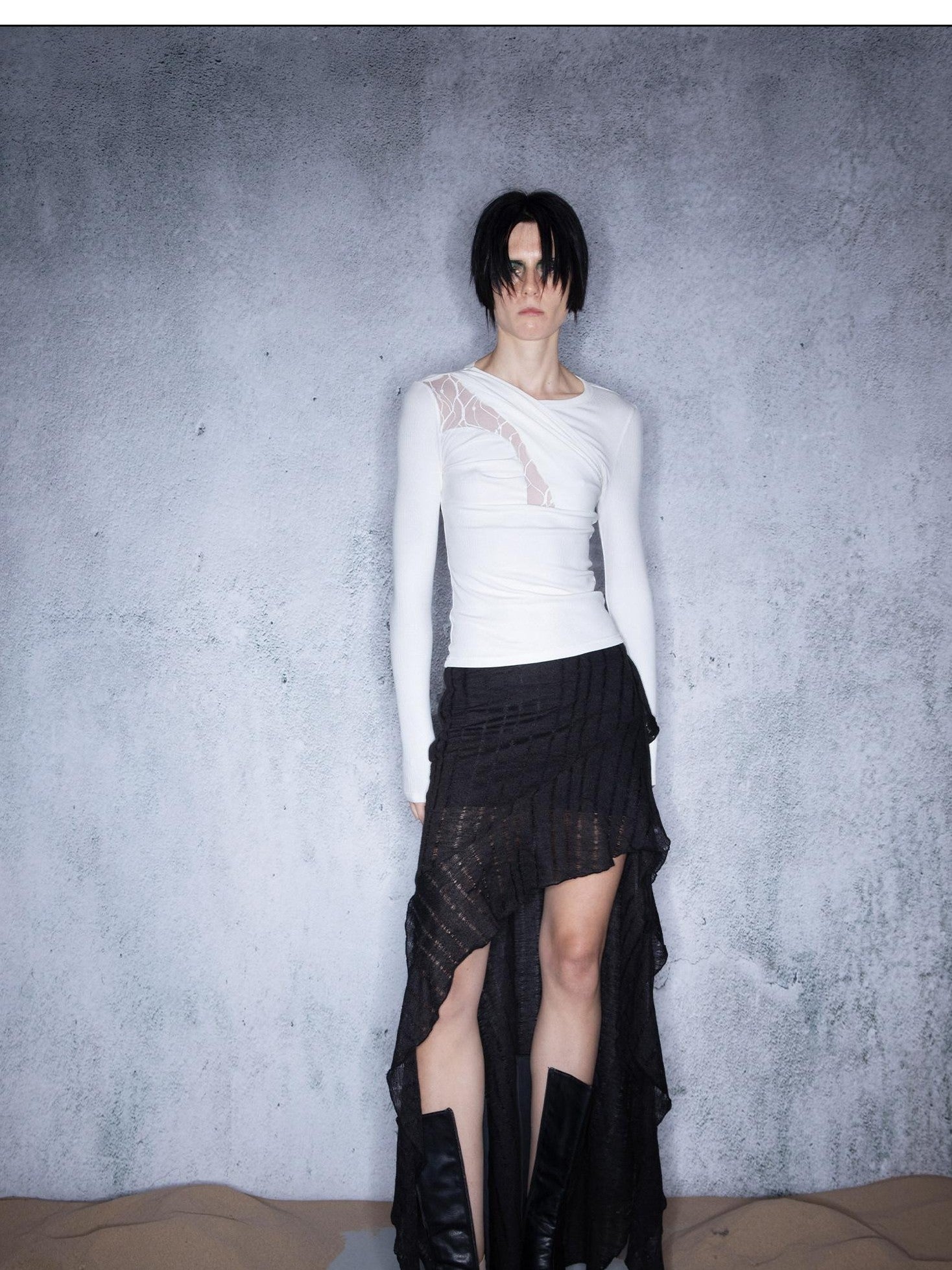 NORTH NODE Slanted Brushed Lace Patchwork Knit Women&