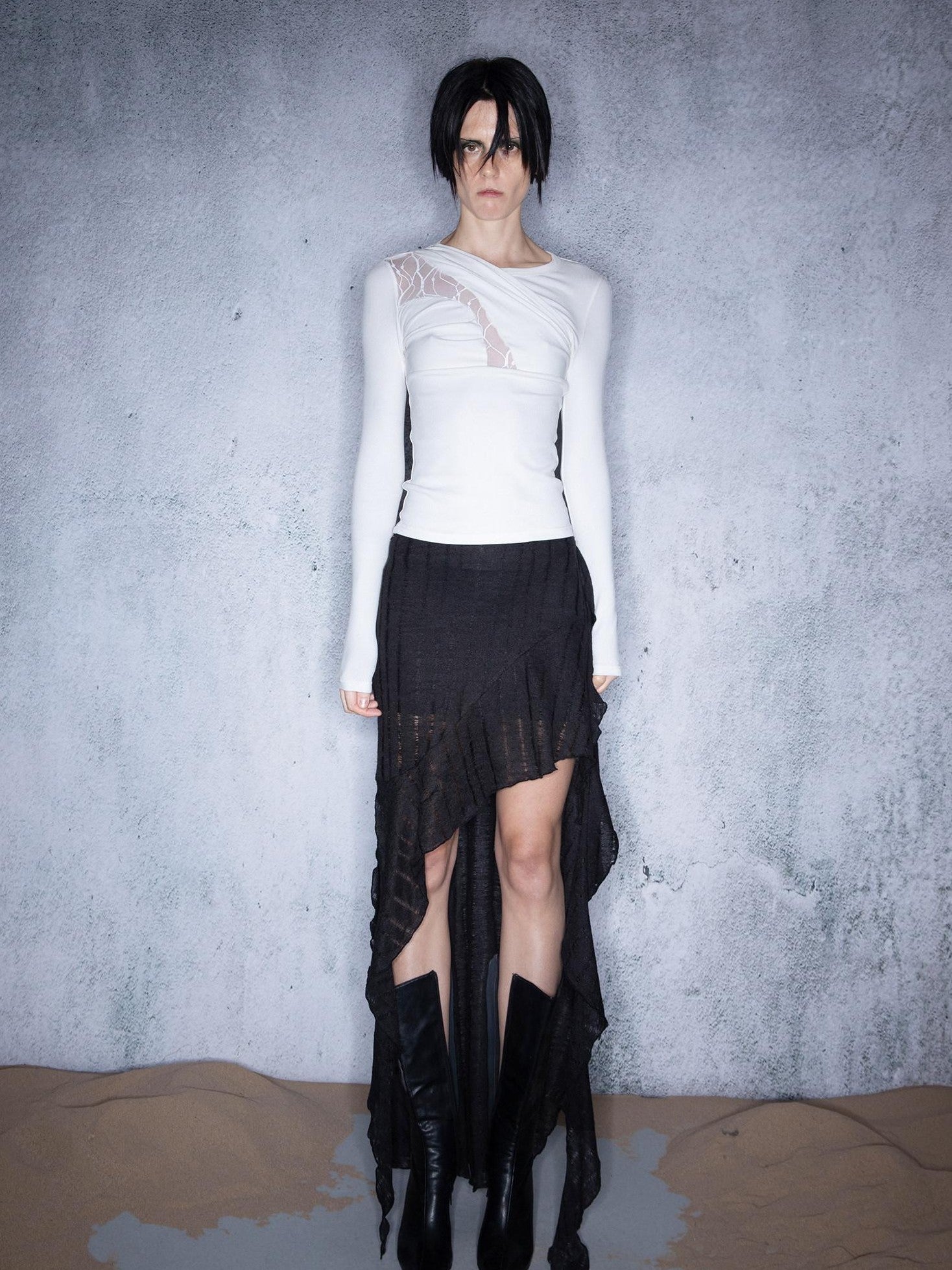 NORTH NODE Slanted Brushed Lace Patchwork Knit Women&