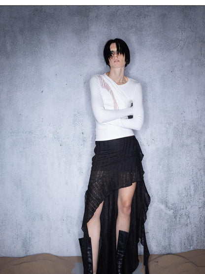 NORTH NODE Slanted Brushed Lace Patchwork Knit Women&