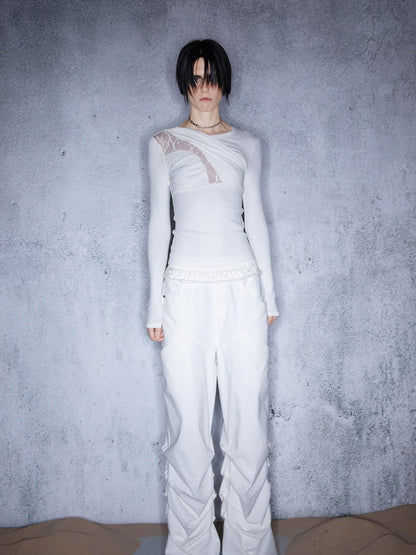 NORTH NODE Slanted Brushed Lace Patchwork Knit Women&