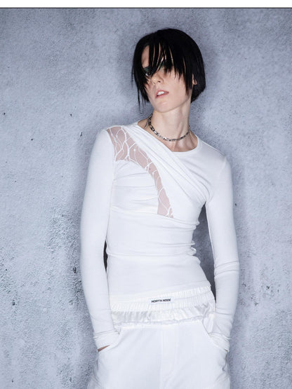 NORTH NODE Slanted Brushed Lace Patchwork Knit Women&
