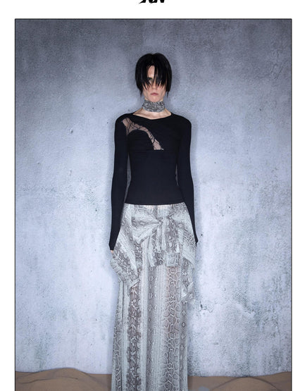 NORTH NODE Slanted Brushed Lace Patchwork Knit Women&