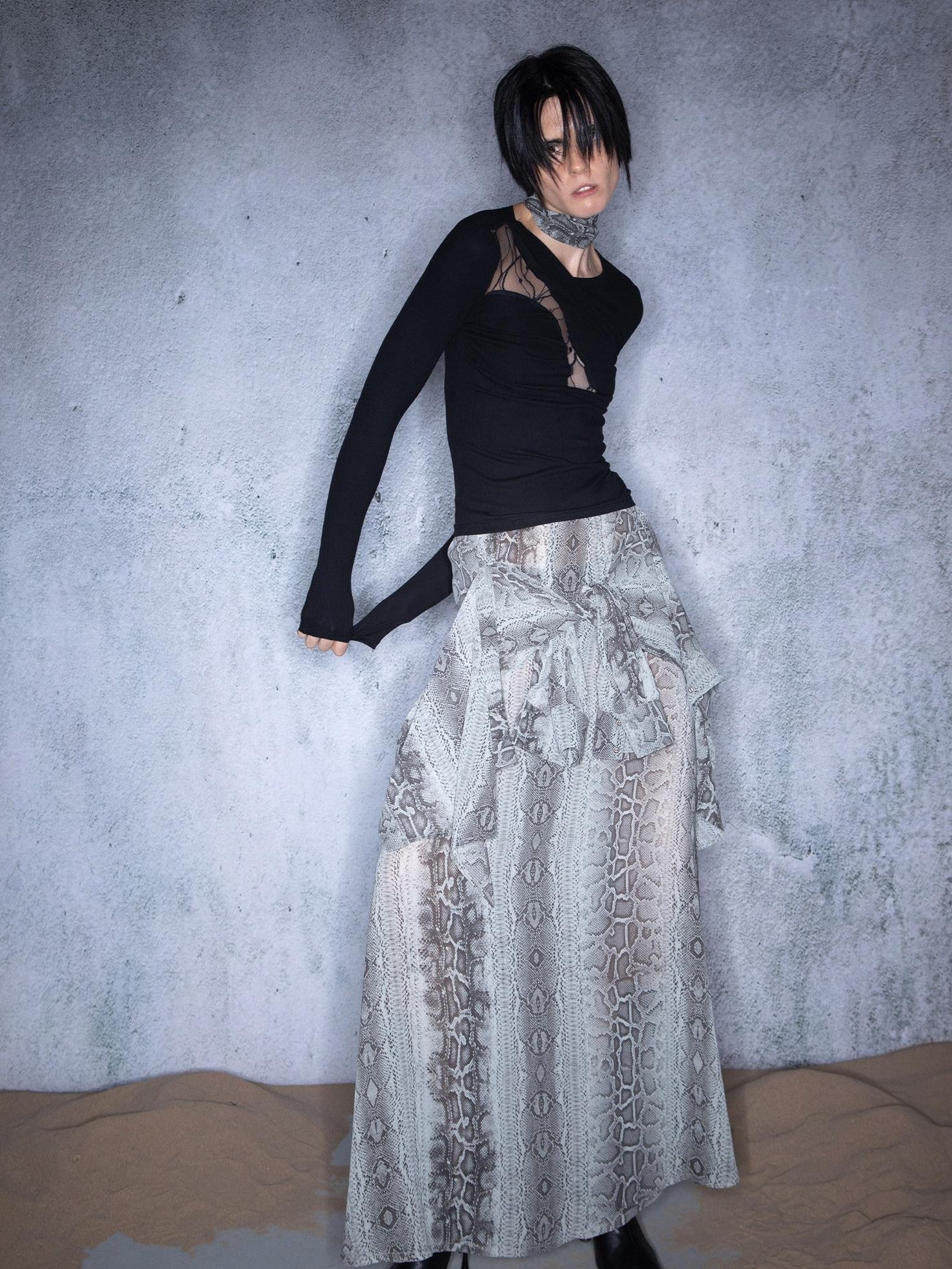 NORTH NODE Slanted Brushed Lace Patchwork Knit Women&