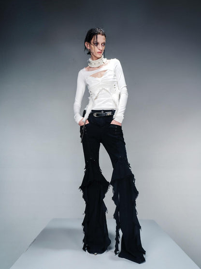 NORTH NODE Slimming Ruffled Hem Distressed Brushed Women&