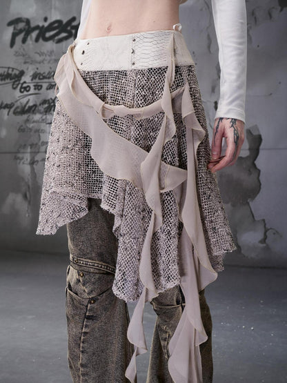 NORTH NODE Snake Print Panel Asymmetrical Ruffle Waistband Women&