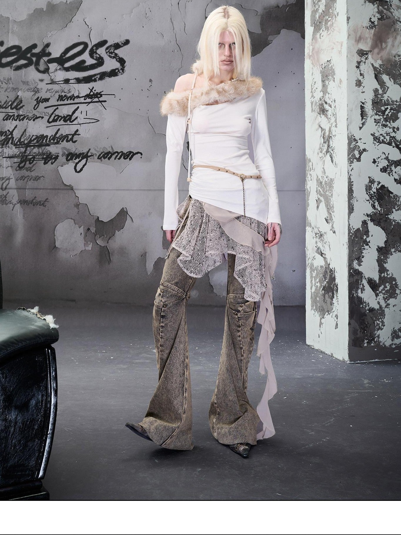 NORTH NODE Snake Print Panel Asymmetrical Ruffle Waistband Women&