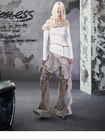 NORTH NODE Snake Print Panel Asymmetrical Ruffle Waistband Women&