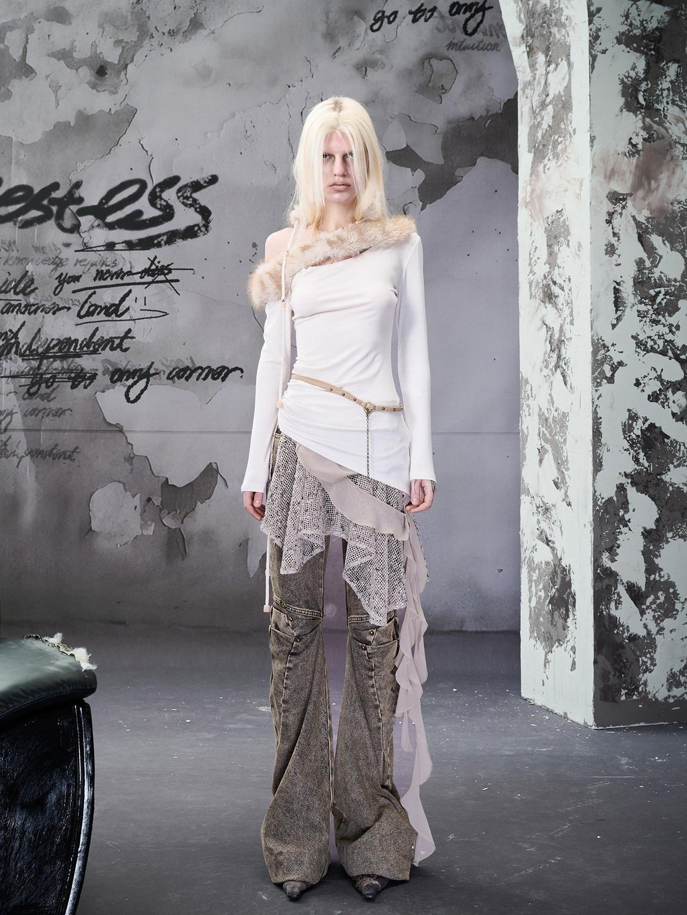 NORTH NODE Snake Print Panel Asymmetrical Ruffle Waistband Women&