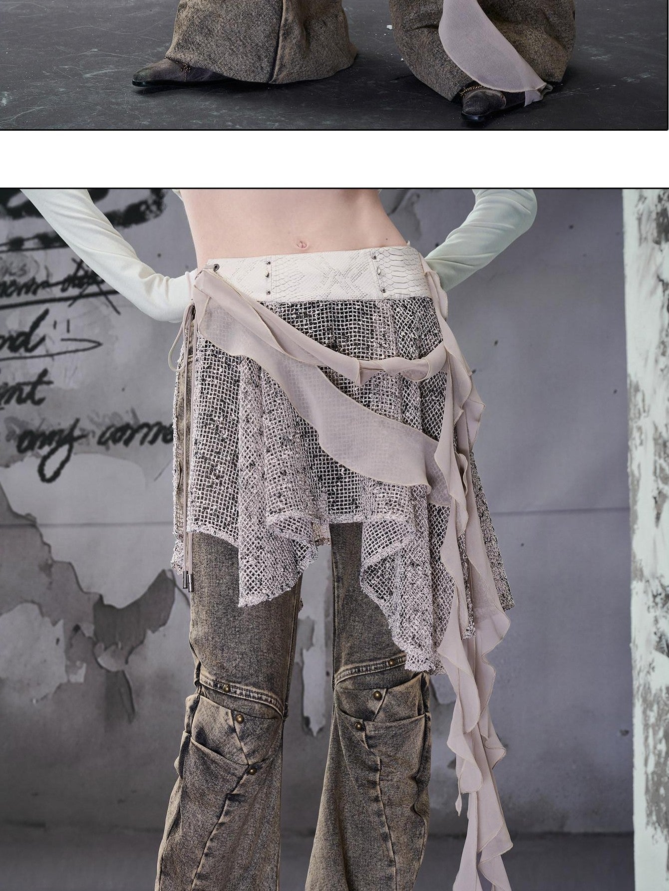 NORTH NODE Snake Print Panel Asymmetrical Ruffle Waistband Women&