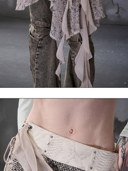 NORTH NODE Snake Print Panel Asymmetrical Ruffle Waistband Women&
