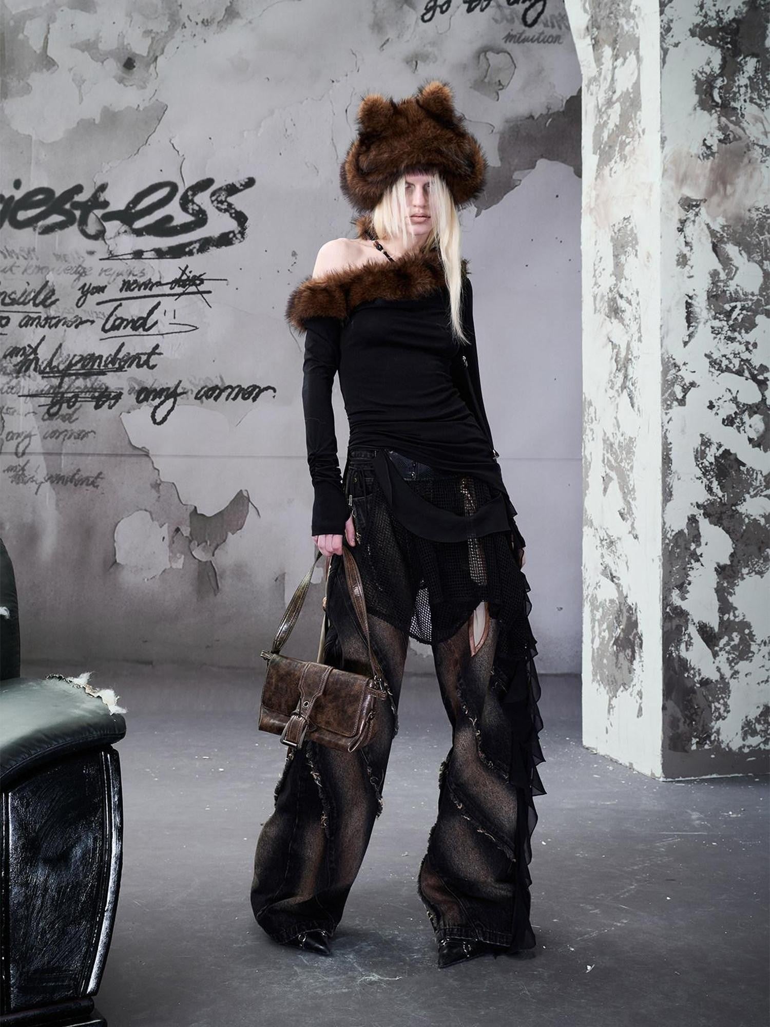 NORTH NODE Snake Print Panel Asymmetrical Ruffle Waistband Women&