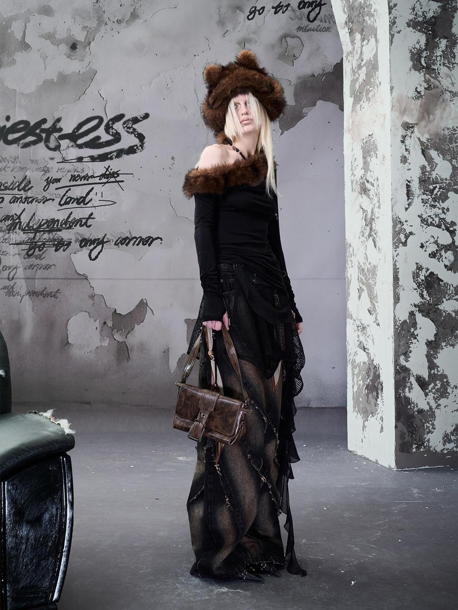 NORTH NODE Snake Print Panel Asymmetrical Ruffle Waistband Women&