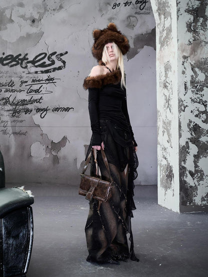 NORTH NODE Snake Print Panel Asymmetrical Ruffle Waistband Women&