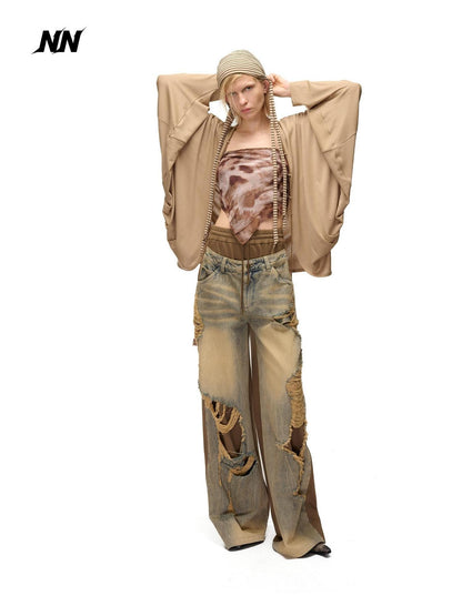 NORTH NODE Soft Beaded Knit Tie Front Loose Drop Shoulder Women&