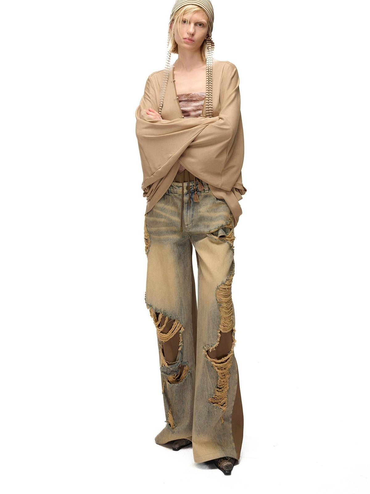 NORTH NODE Soft Beaded Knit Tie Front Loose Drop Shoulder Women&