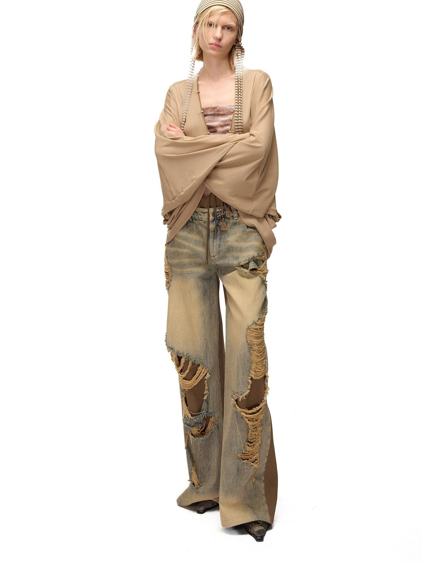 NORTH NODE Soft Beaded Knit Tie Front Loose Drop Shoulder Women&