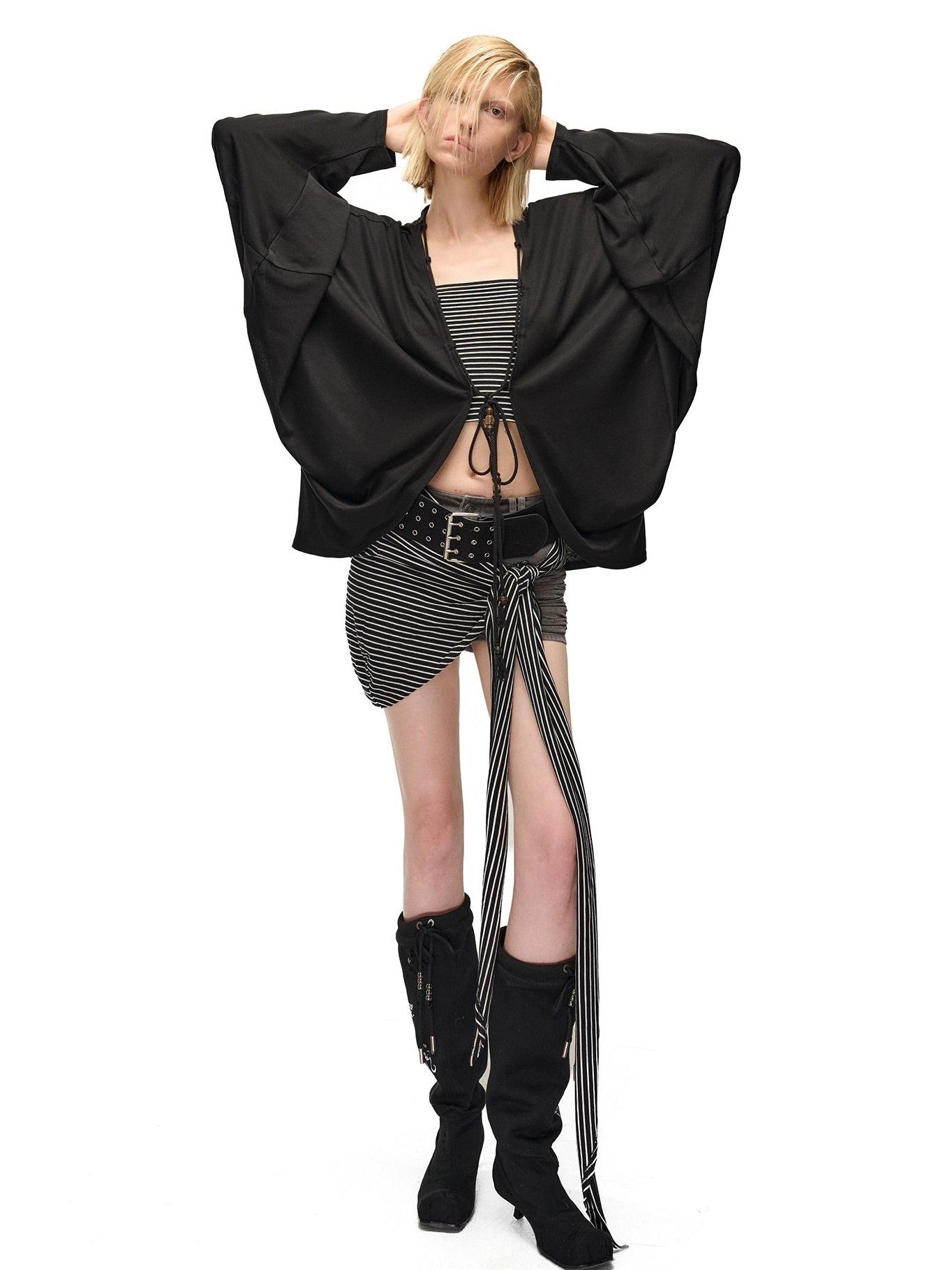 NORTH NODE Soft Beaded Knit Tie Front Loose Drop Shoulder Women&