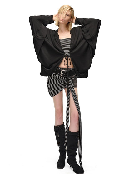NORTH NODE Soft Beaded Knit Tie Front Loose Drop Shoulder Women&