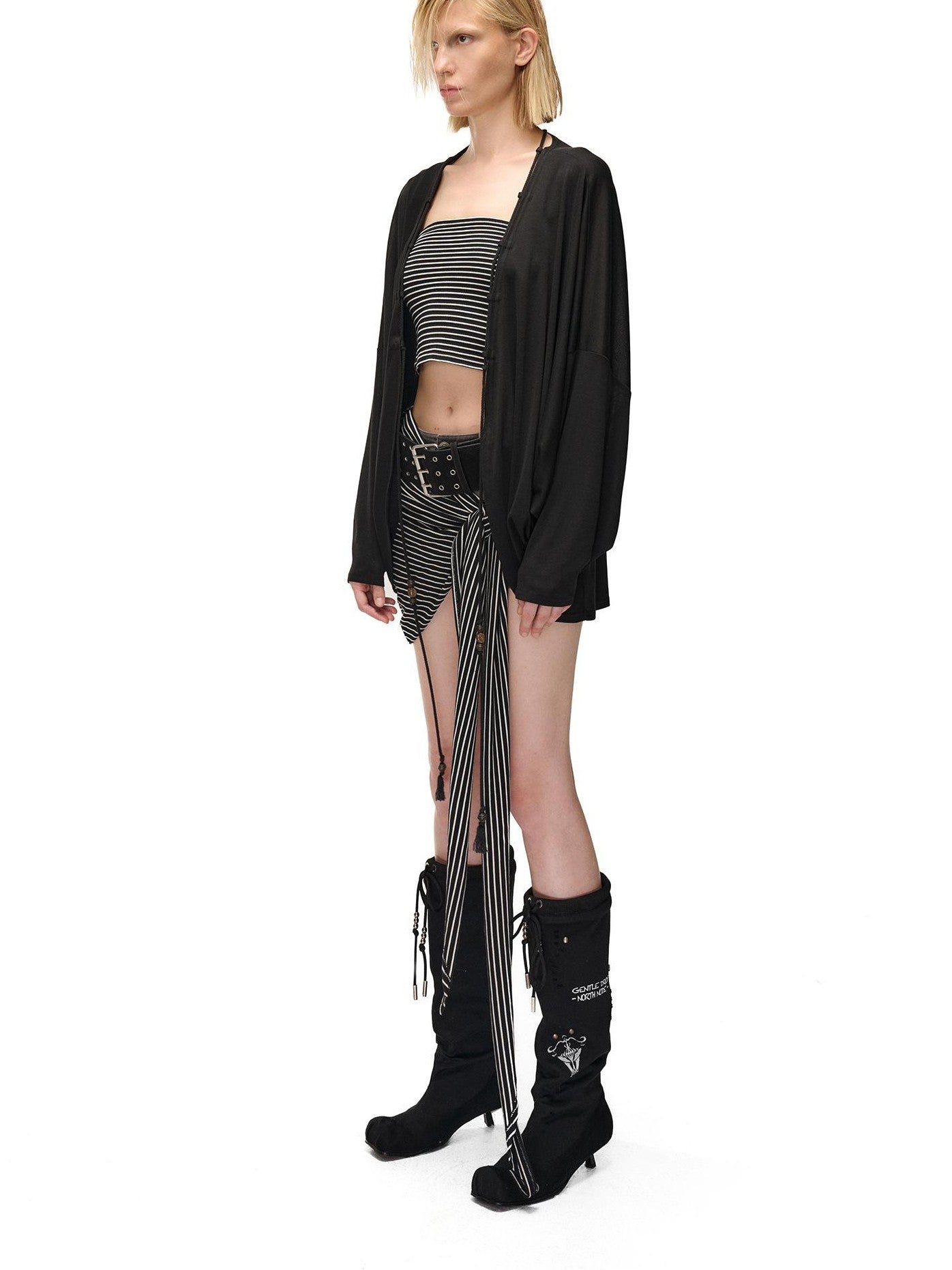 NORTH NODE Soft Beaded Knit Tie Front Loose Drop Shoulder Women&