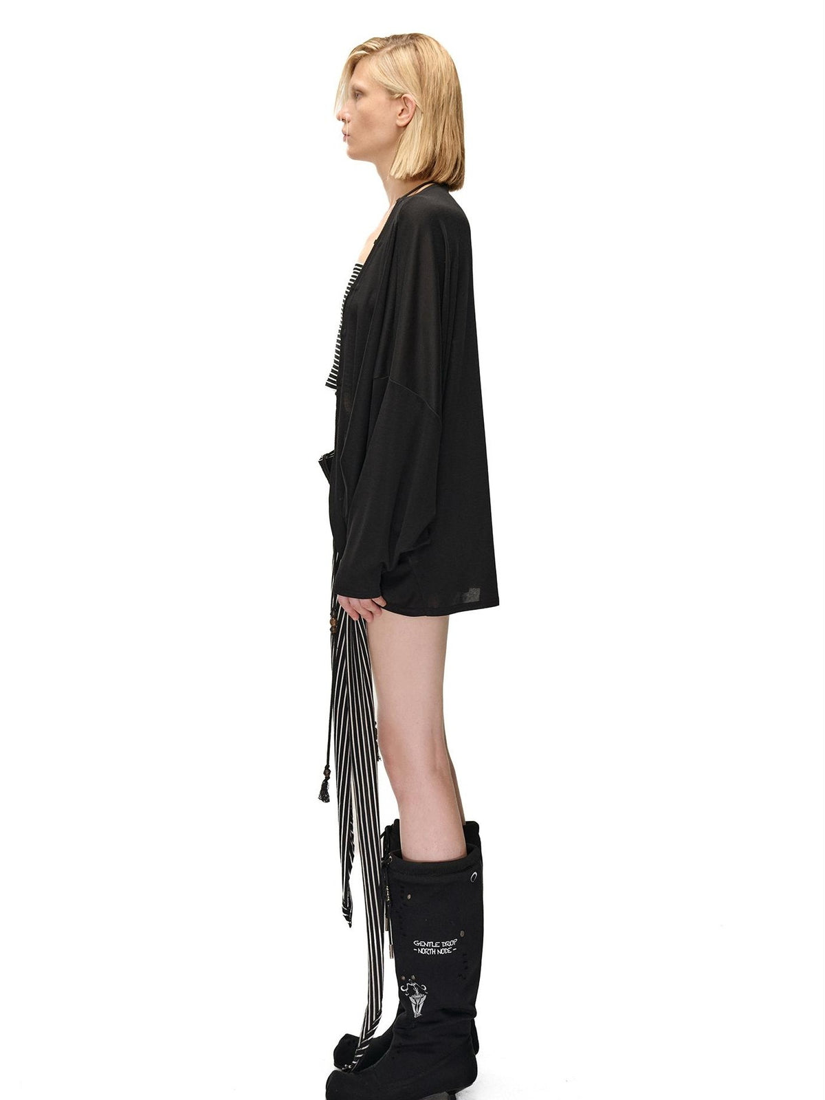 NORTH NODE Soft Beaded Knit Tie Front Loose Drop Shoulder Women&