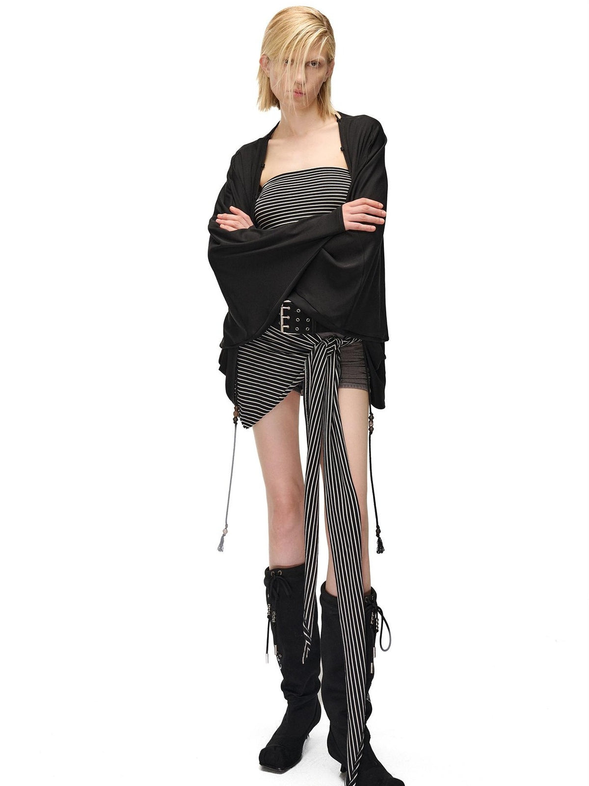 NORTH NODE Soft Beaded Knit Tie Front Loose Drop Shoulder Women&