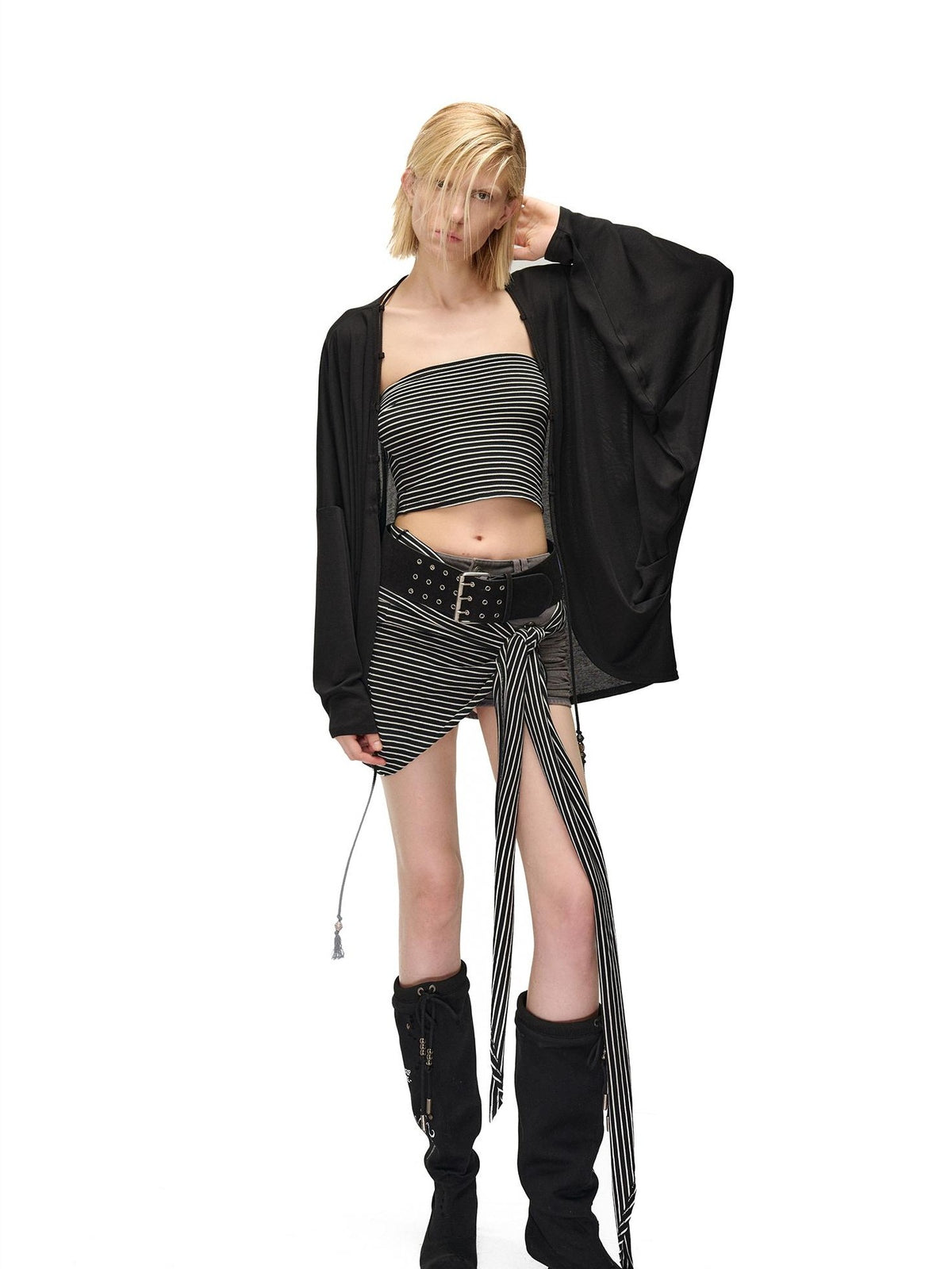 NORTH NODE Soft Beaded Knit Tie Front Loose Drop Shoulder Women&