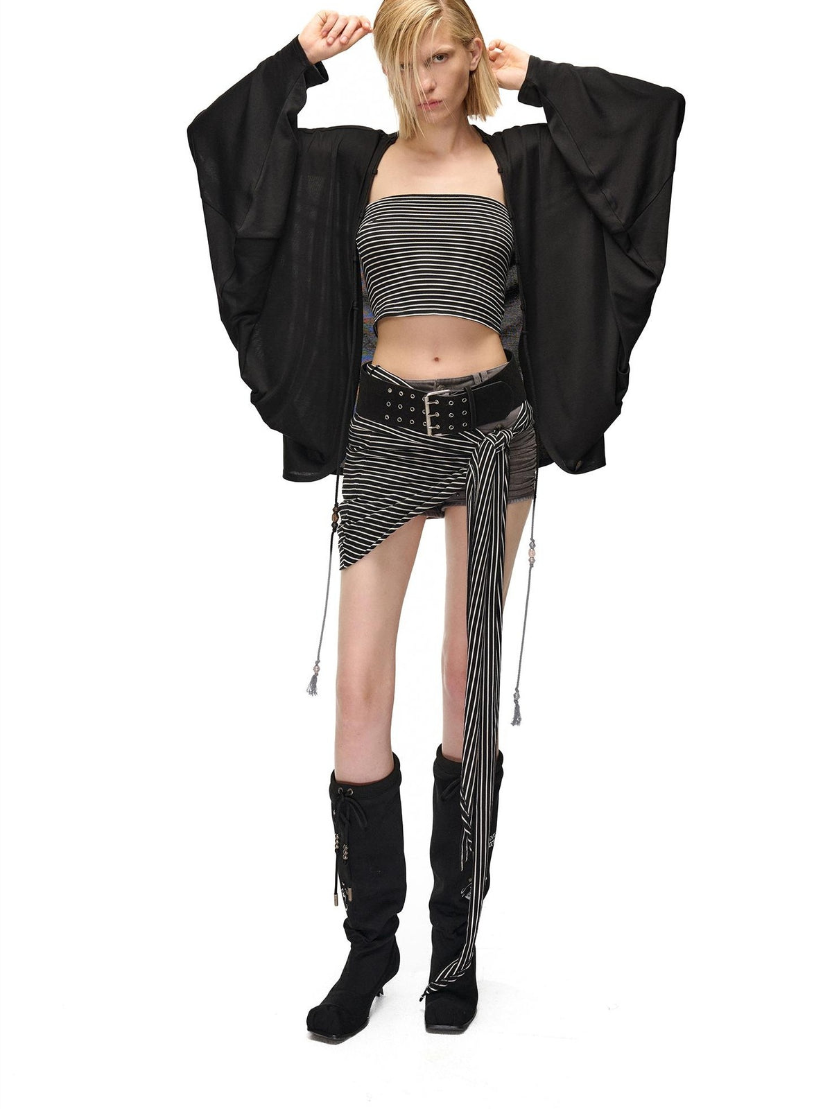 NORTH NODE Soft Beaded Knit Tie Front Loose Drop Shoulder Women&