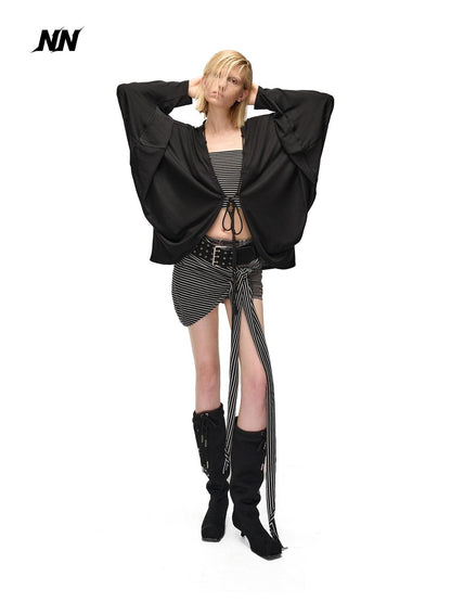 NORTH NODE Soft Beaded Knit Tie Front Loose Drop Shoulder Women&