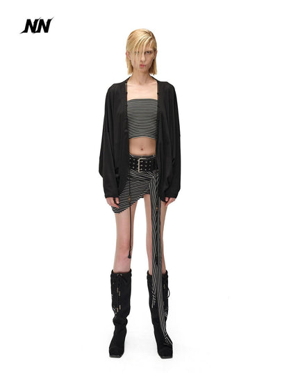NORTH NODE Soft Beaded Knit Tie Front Loose Drop Shoulder Women&