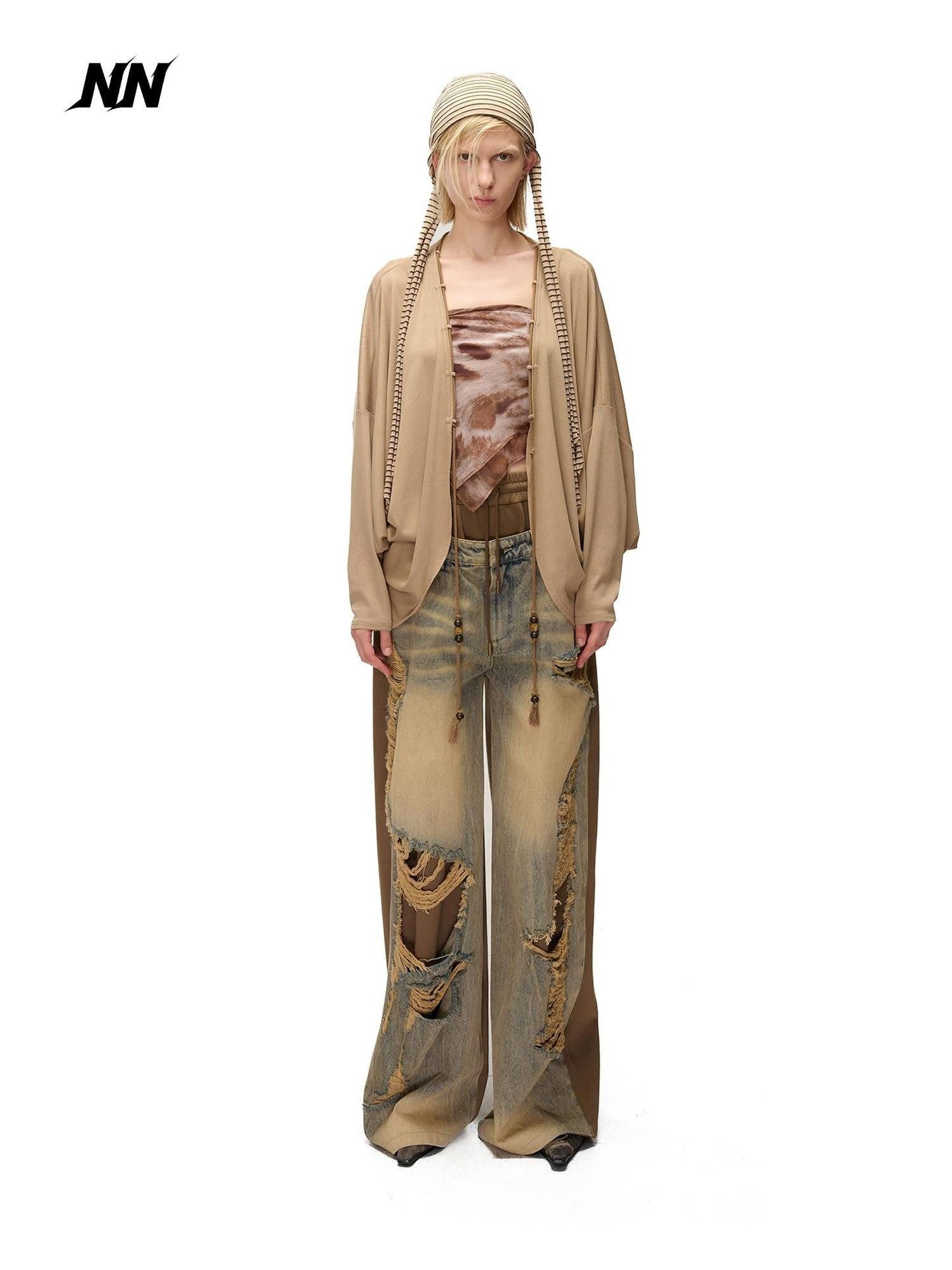 NORTH NODE Soft Beaded Knit Tie Front Loose Drop Shoulder Women&