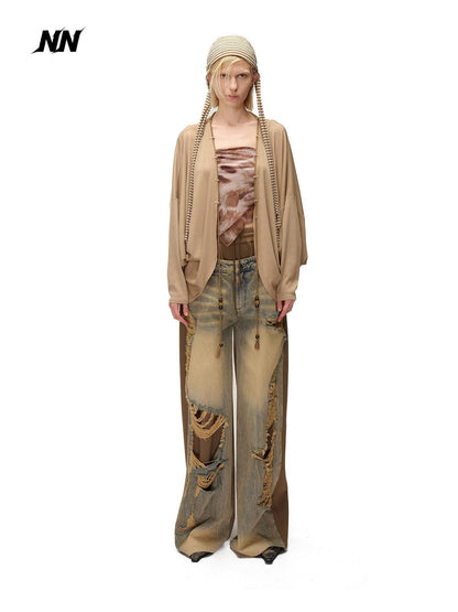 NORTH NODE Soft Beaded Knit Tie Front Loose Drop Shoulder Women&