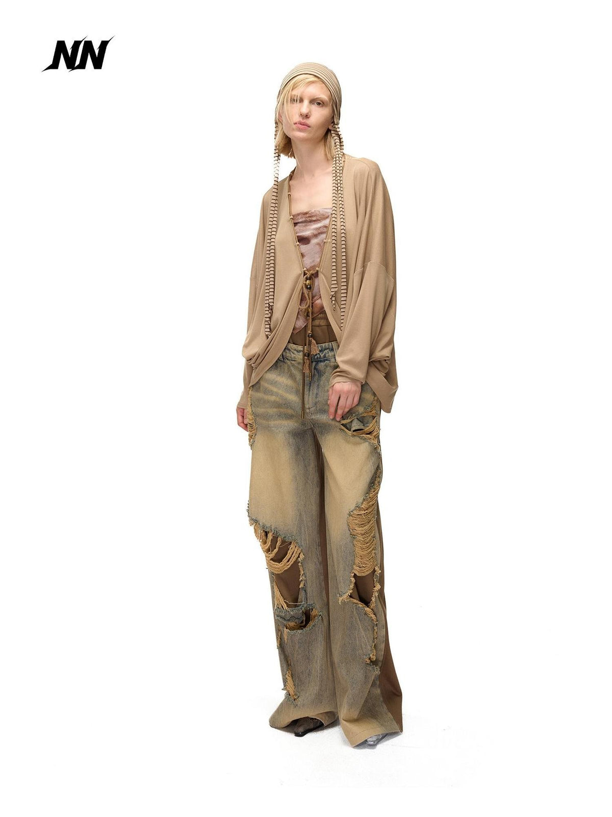 NORTH NODE Soft Beaded Knit Tie Front Loose Drop Shoulder Women&