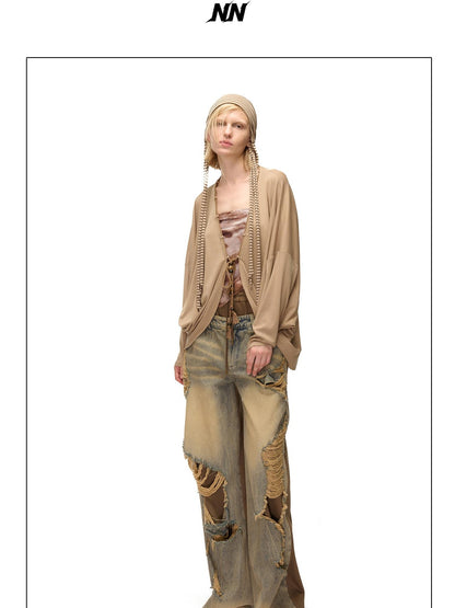 NORTH NODE Soft Beaded Knit Tie Front Loose Drop Shoulder Women&