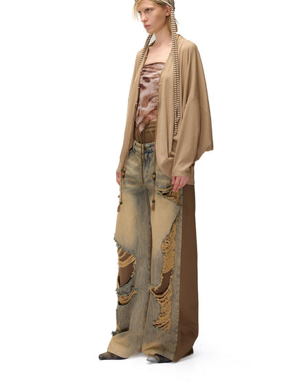 NORTH NODE Soft Beaded Knit Tie Front Loose Drop Shoulder Women&