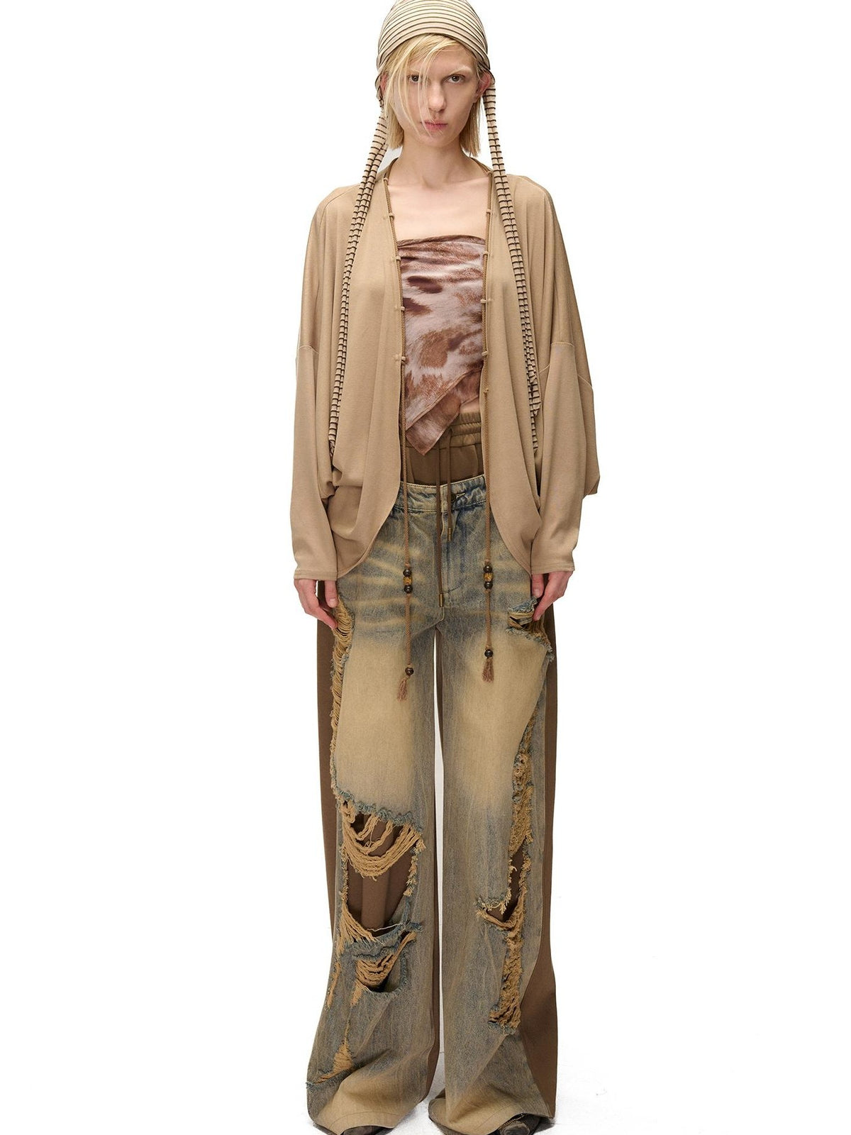 NORTH NODE Soft Beaded Knit Tie Front Loose Drop Shoulder Women&