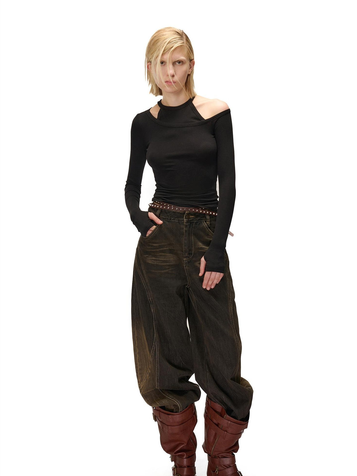 NORTH NODE Solid Color Asymmetric One Shoulder Slim Fit Cotton Women&