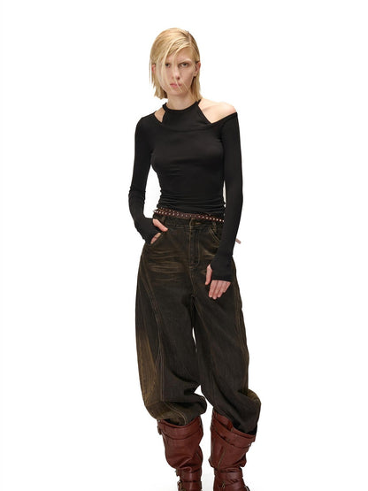 NORTH NODE Solid Color Asymmetric One Shoulder Slim Fit Cotton Women&