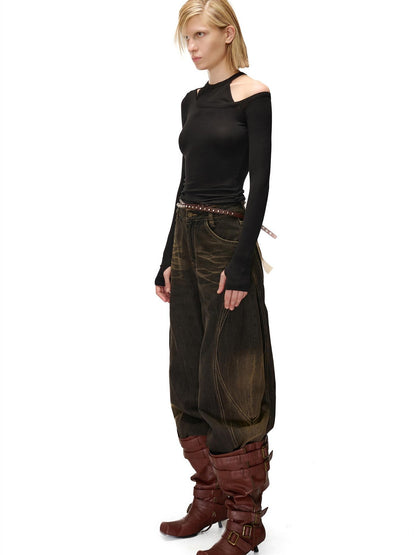 NORTH NODE Solid Color Asymmetric One Shoulder Slim Fit Cotton Women&