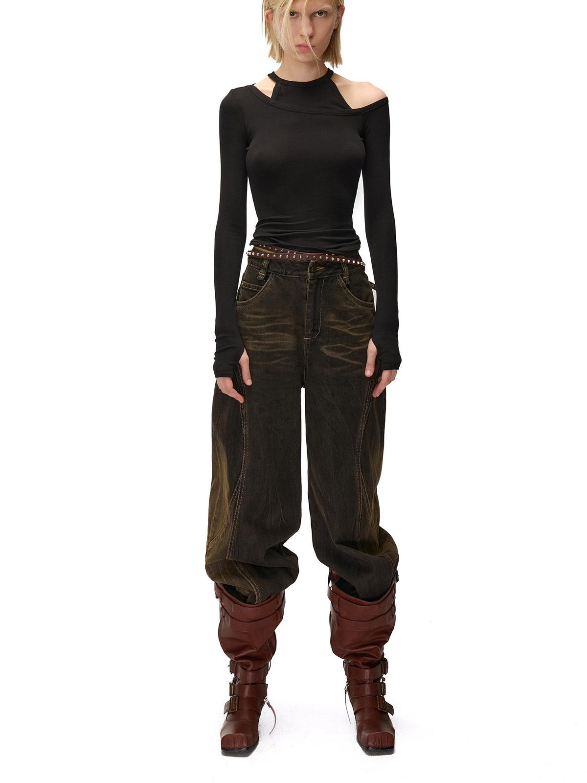NORTH NODE Solid Color Asymmetric One Shoulder Slim Fit Cotton Women&