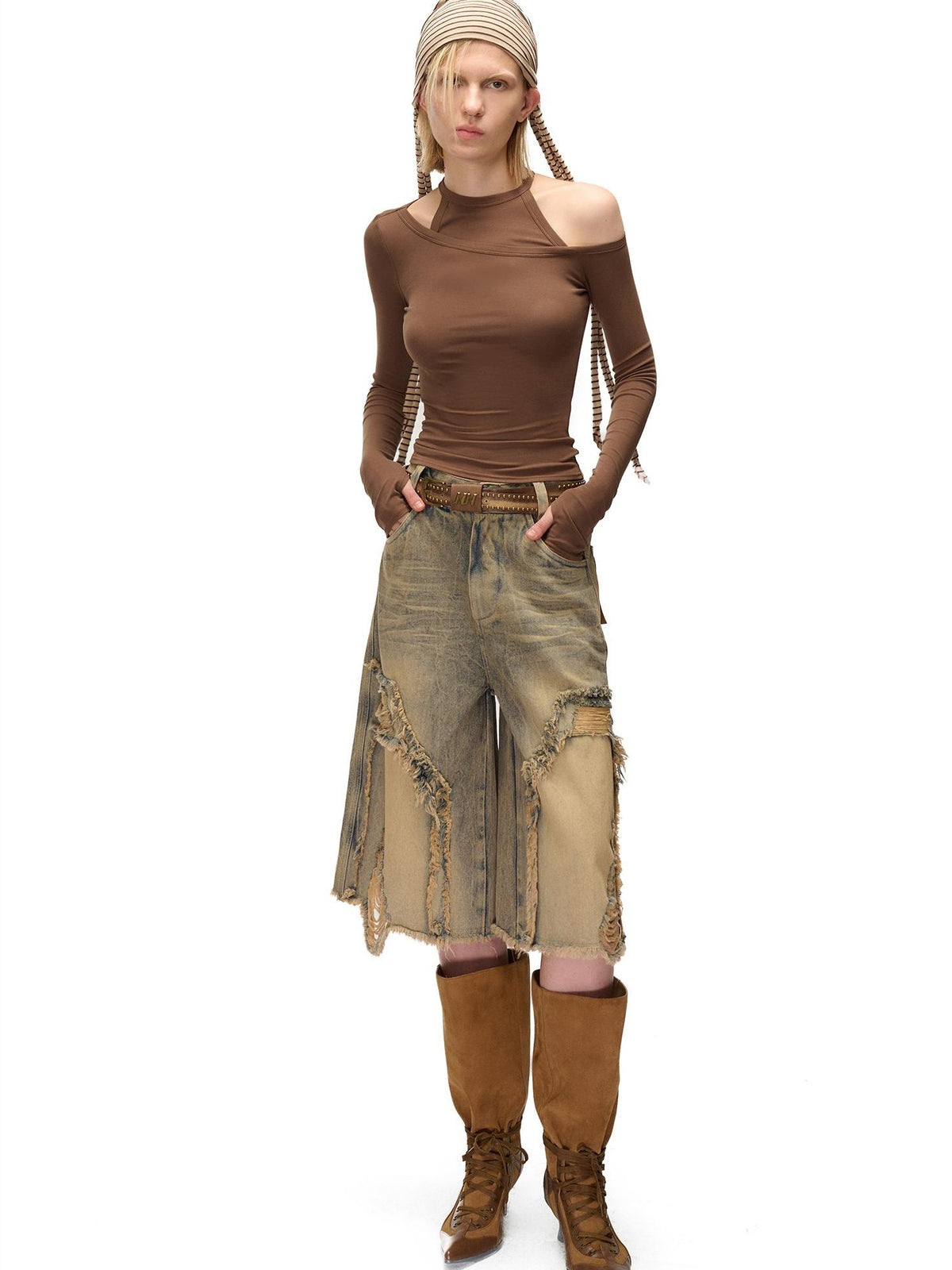 NORTH NODE Solid Color Asymmetric One Shoulder Slim Fit Cotton Women&