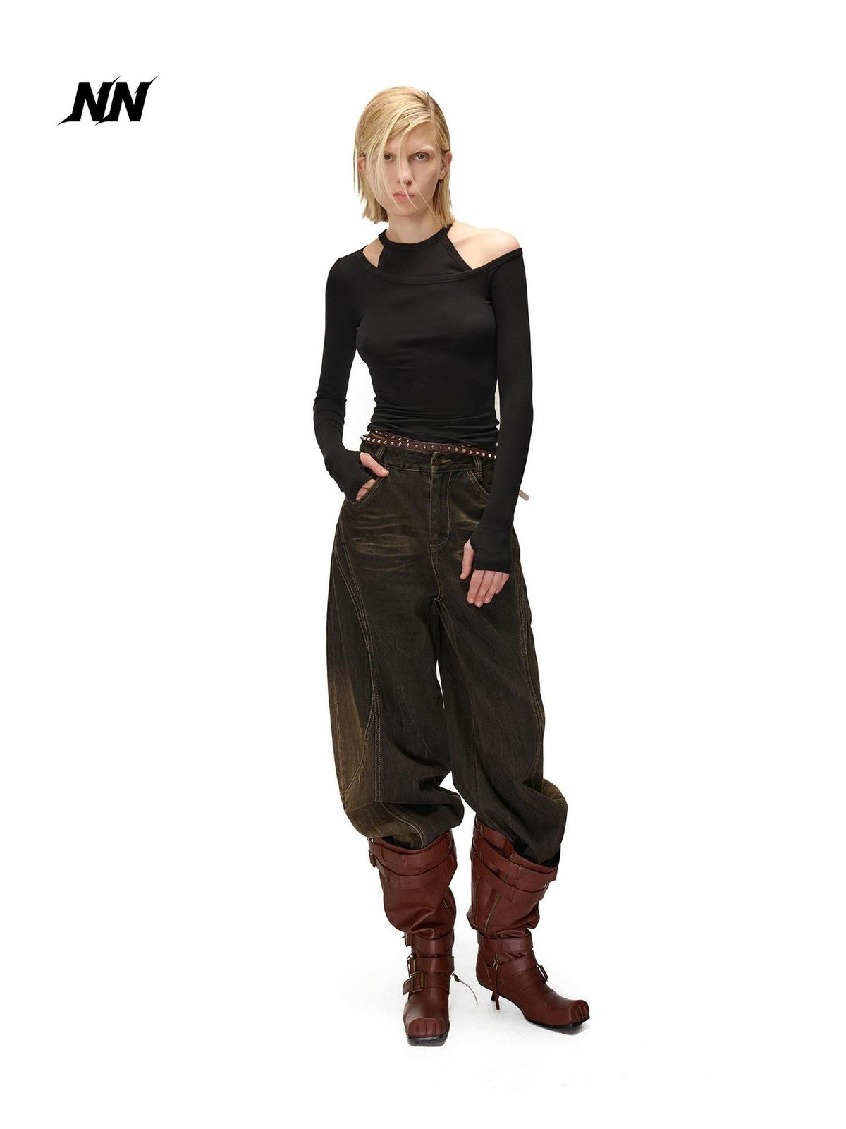 NORTH NODE Solid Color Asymmetric One Shoulder Slim Fit Cotton Women&